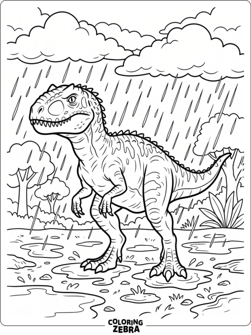 An indominus rex stands in the rain with puddles below