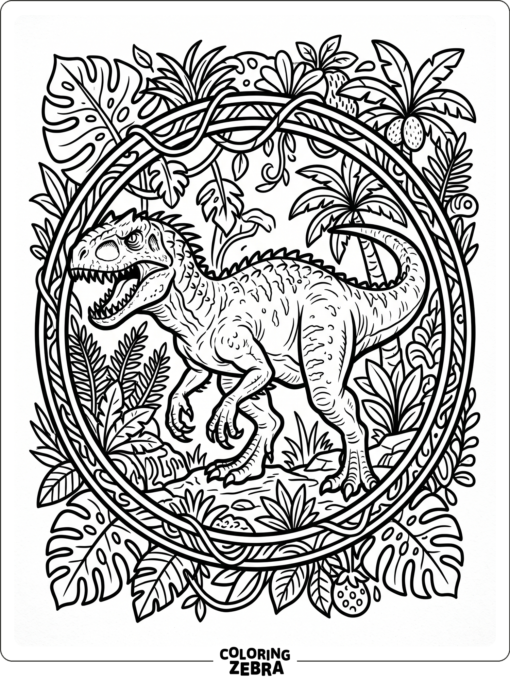 An indominus rex is framed by a circular jungle mandala