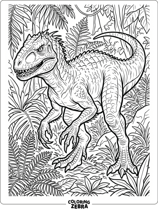 A realistic indominus rex walking through fern plants