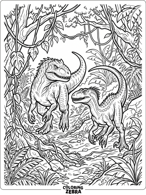 An indominus rex and an indoraptor facing off in the jungle