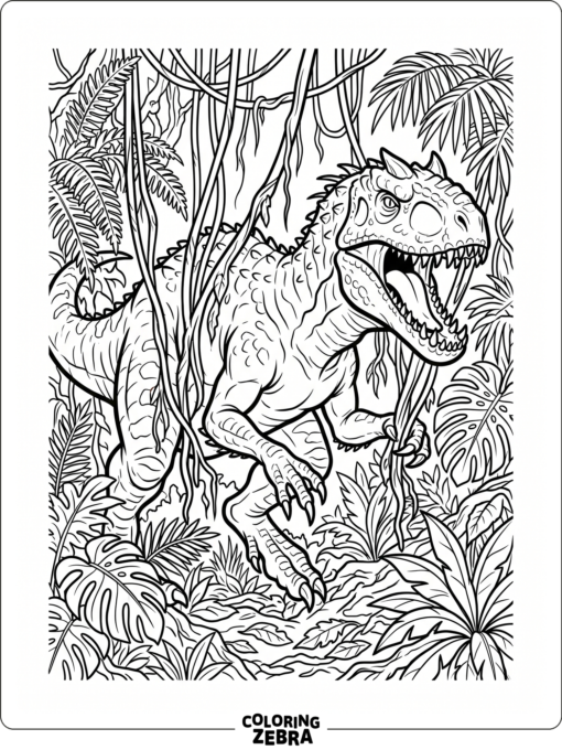 An indominus rex moves through hanging vines in the jungle