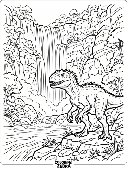 An indominus rex stands beside a waterfall and wet rocks