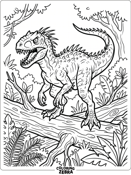 A hybrid dinosaur with indominus rex features on a log