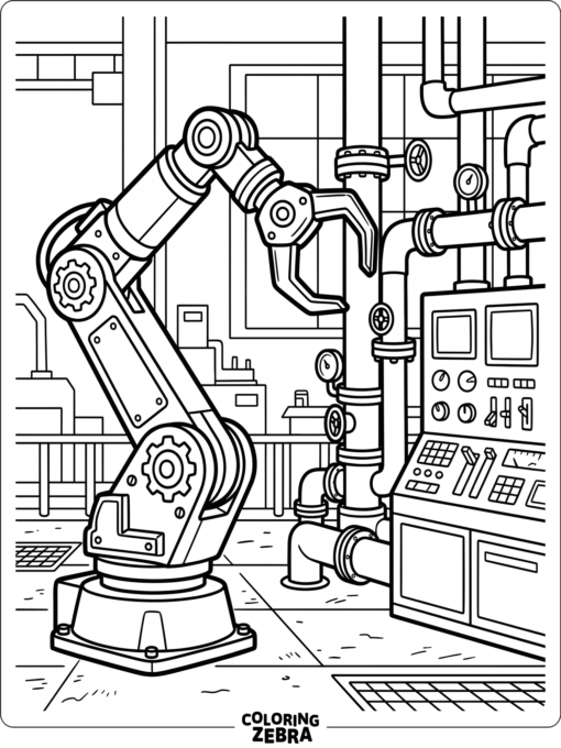 Industrial robot near pipes and control panels