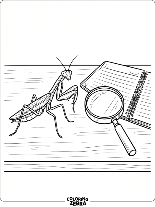 A mantis study page with a magnifying glass