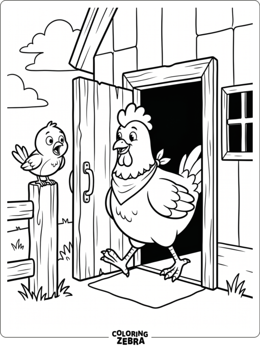 A chicken pauses in a doorway with a startled look