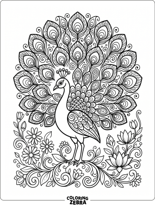 An ornate peacock with dense feather patterns and swirls