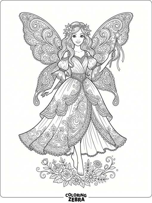 An intricate fairy with lace wings and a detailed dress