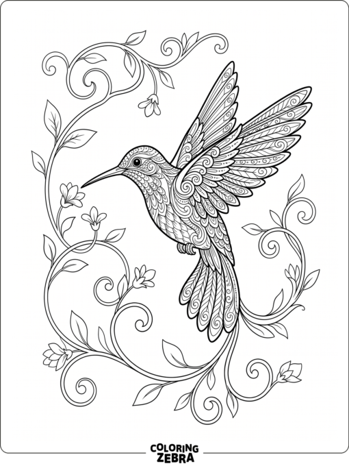 An ornate hummingbird with vines and feather details