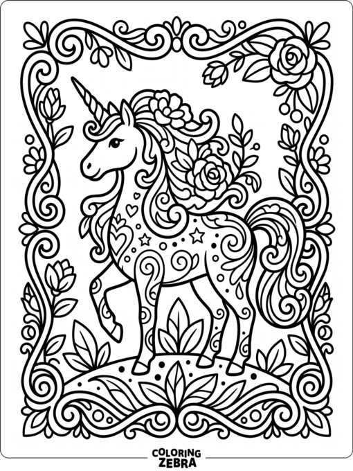 An ornate unicorn with a swirling mane and flowers