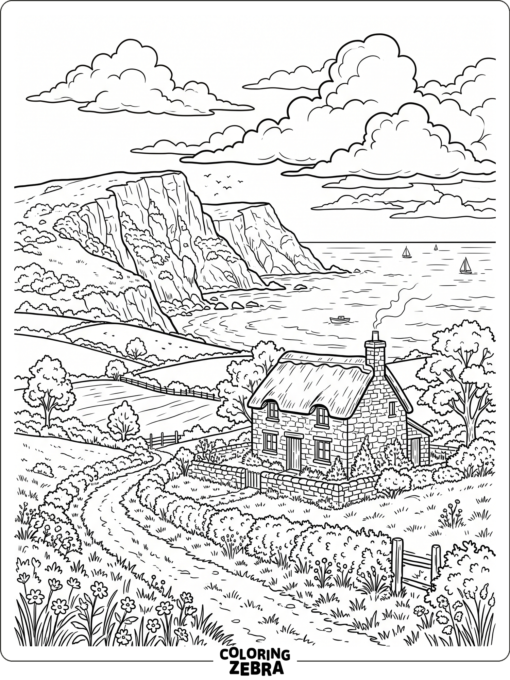 An Ireland countryside scene with cliffs and a stone cottage