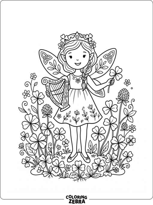 An Irish fairy with shamrocks and a harp