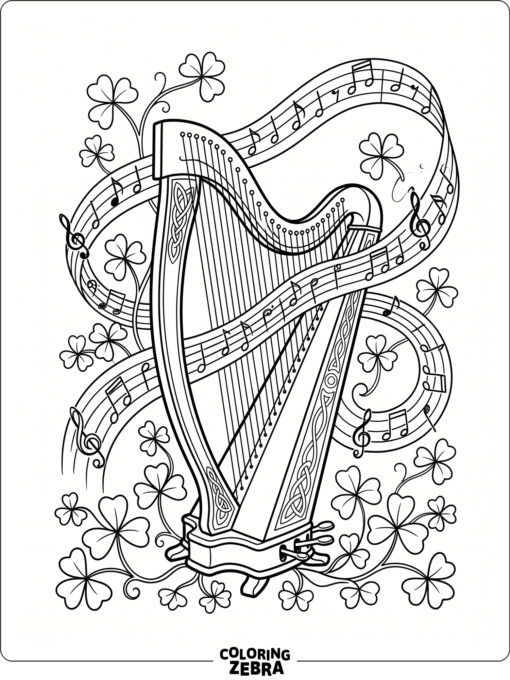 Irish harp with shamrocks and music notes