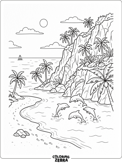 A dolphin scene with cliffs, palms, and a shore