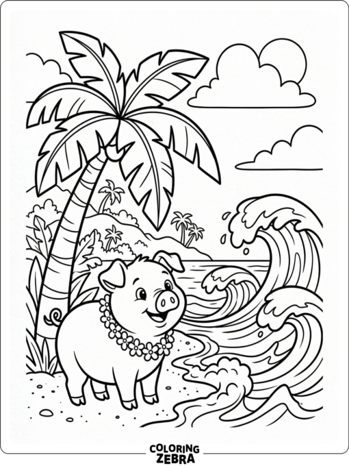 A pig on an island with palm leaves and waves