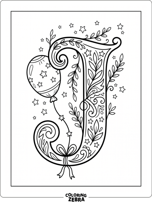 A decorative letter J with stars and leaves