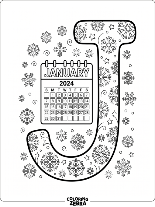 A letter J with a calendar and snowflakes