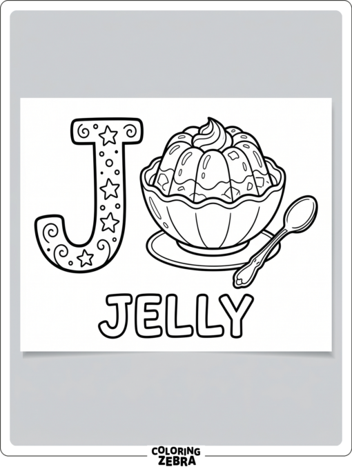 A bowl of jelly with a spoon beside a large letter J