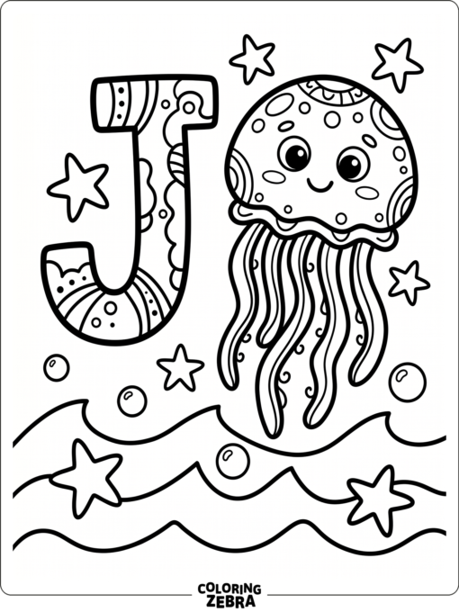 A jellyfish next to the letter J and small sea stars