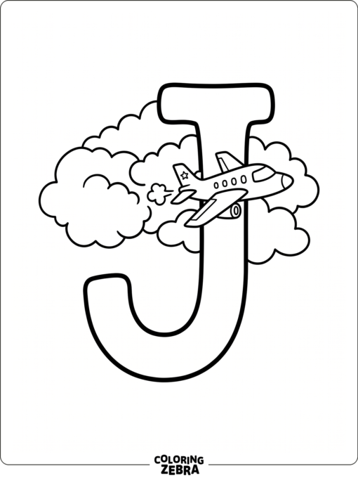 A letter J with a jet flying through clouds
