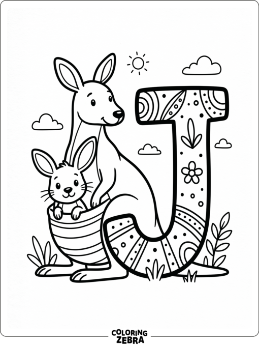 A joey peeking out of a pouch near a large letter J