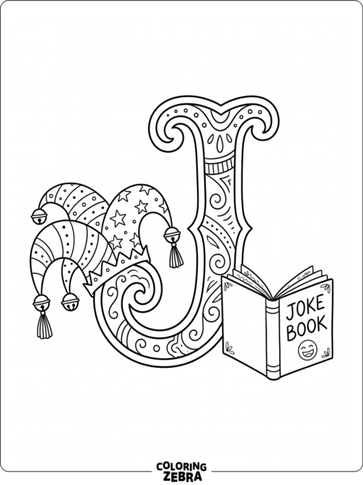 A jester hat and joke book beside a large letter J