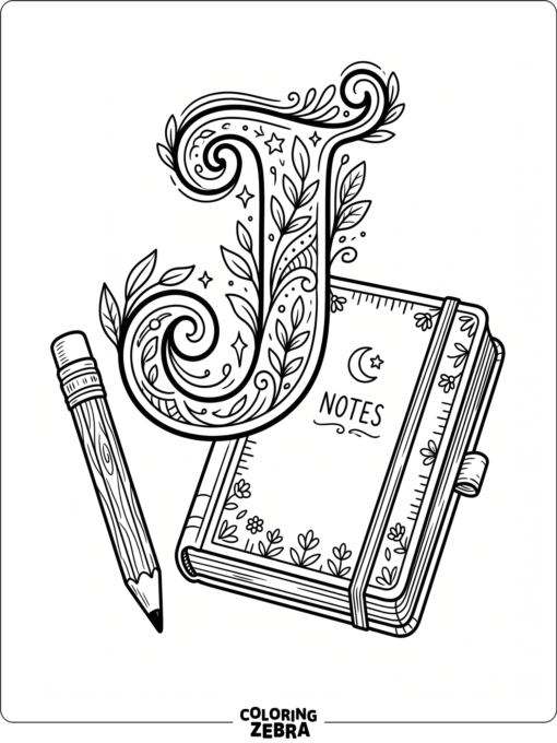 A journal and pencil next to a large letter J