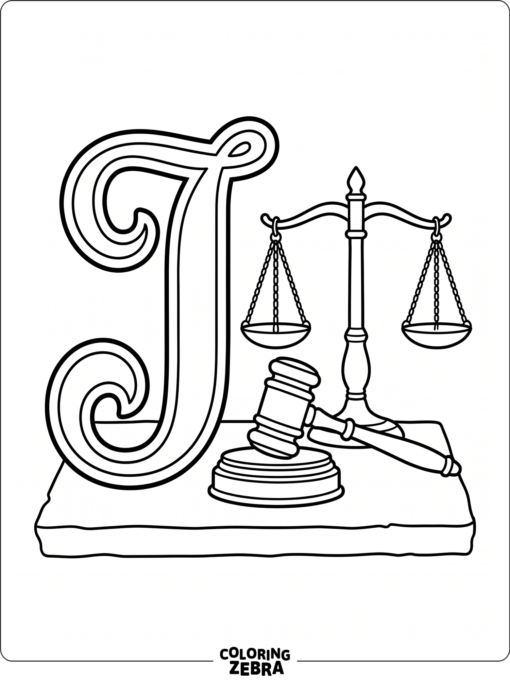 A judge's gavel and scales beside a large letter J