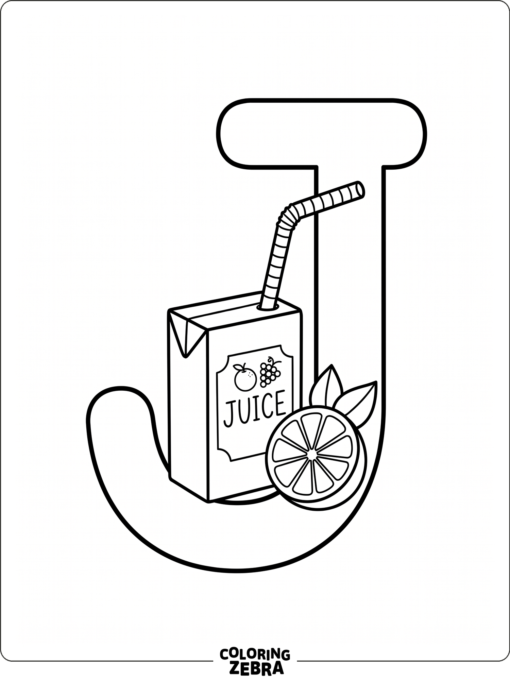 A letter J with a juice box and fruit slice