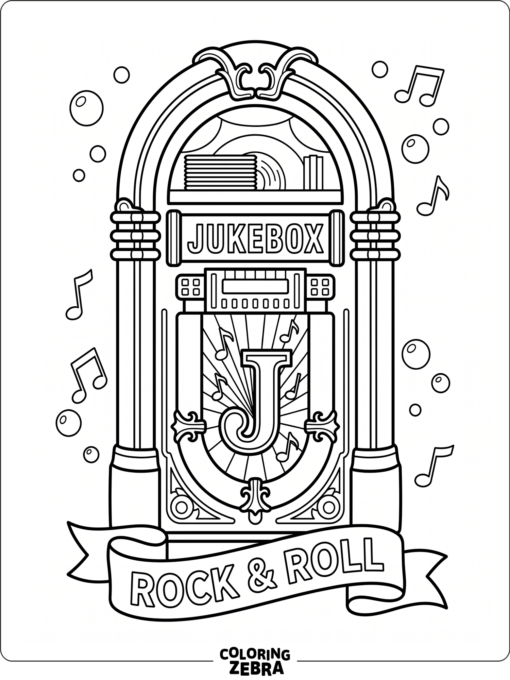 A jukebox with music notes and a large letter J