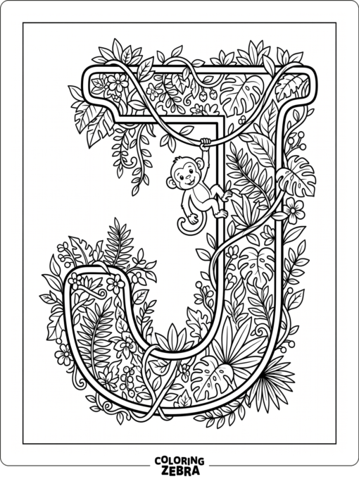 A large J with vines, leaves, and a monkey