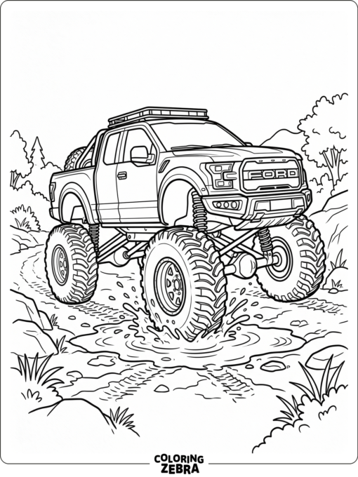 A lifted Ford truck with oversized tires