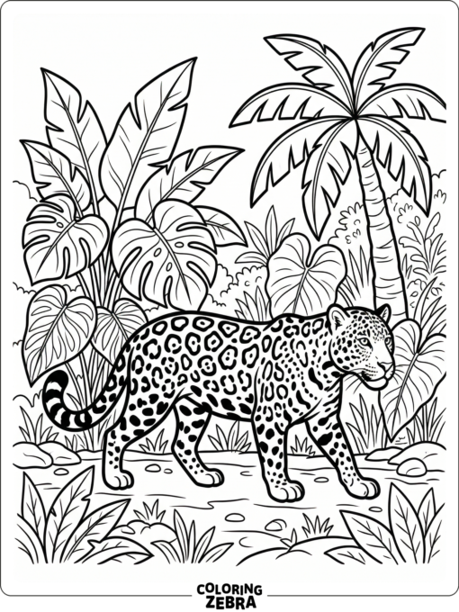 A jaguar prowling beside tropical leaves