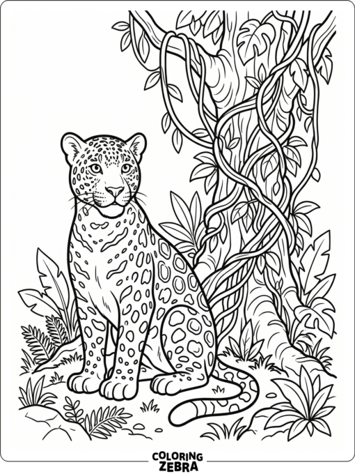 A jaguar sitting beside a vine-covered tree