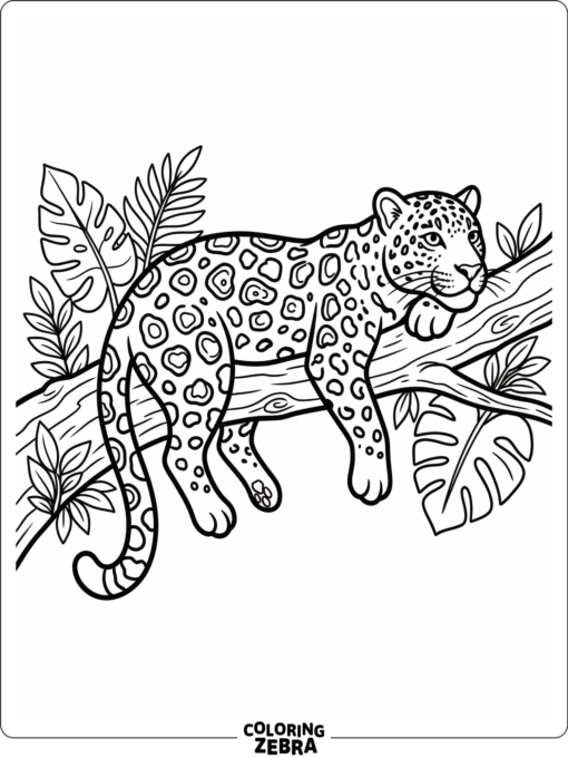 A spotted jaguar resting on a branch