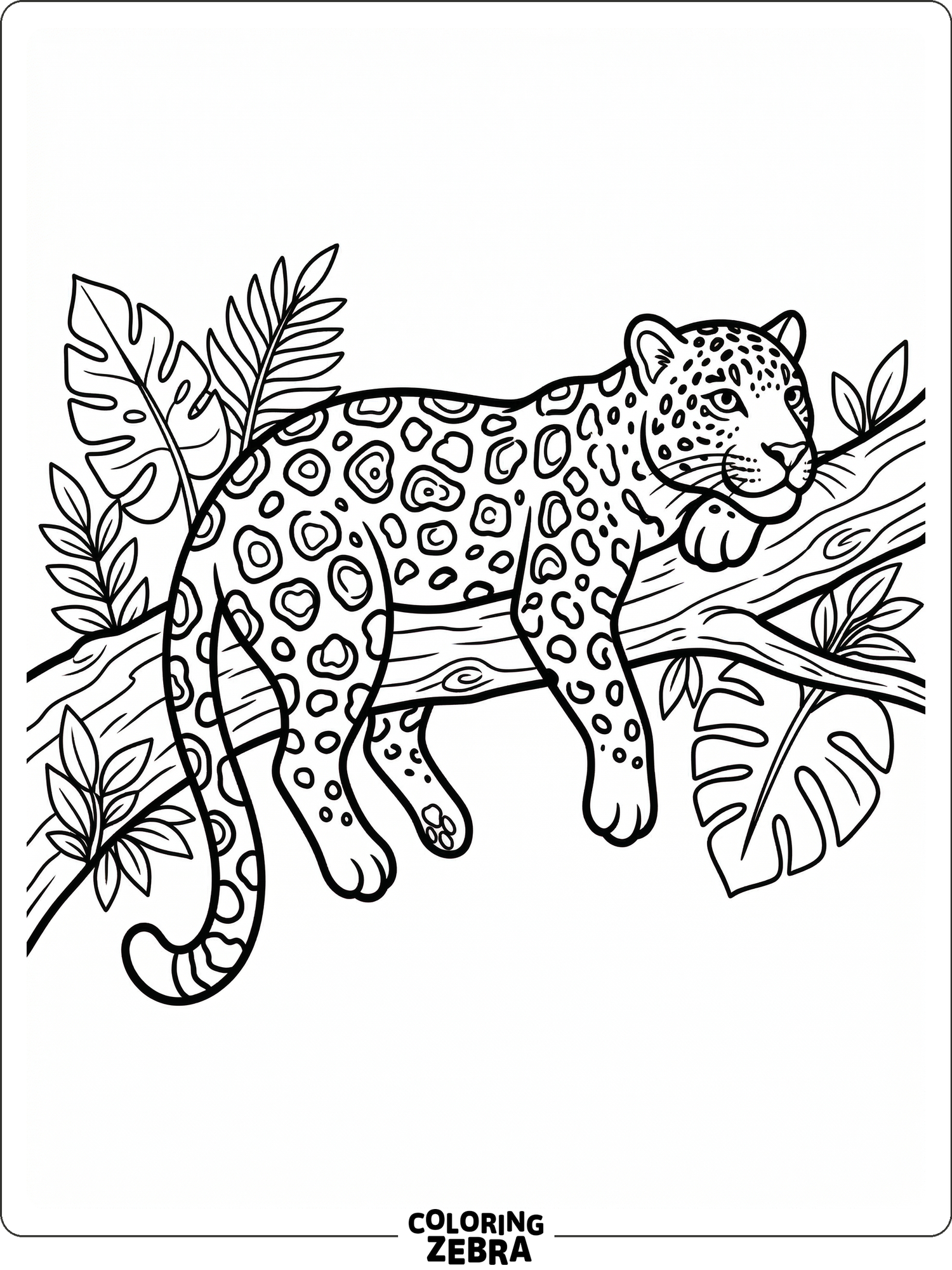 A spotted jaguar resting on a branch