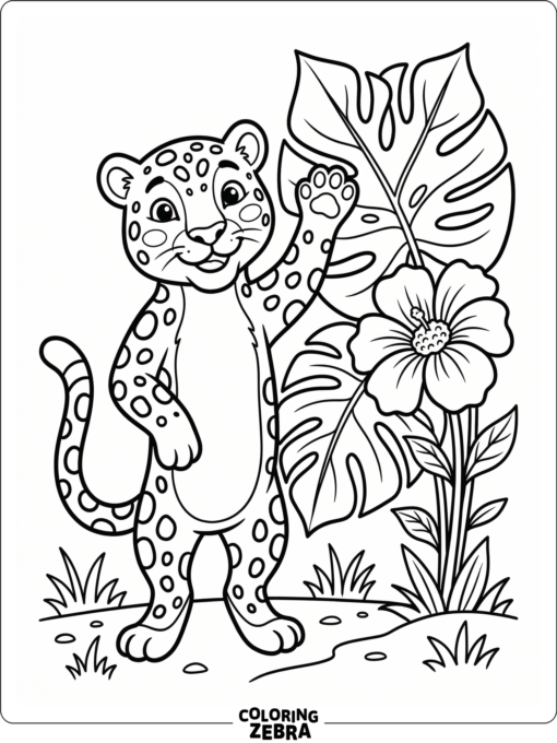 A cute jaguar waving beside a leaf