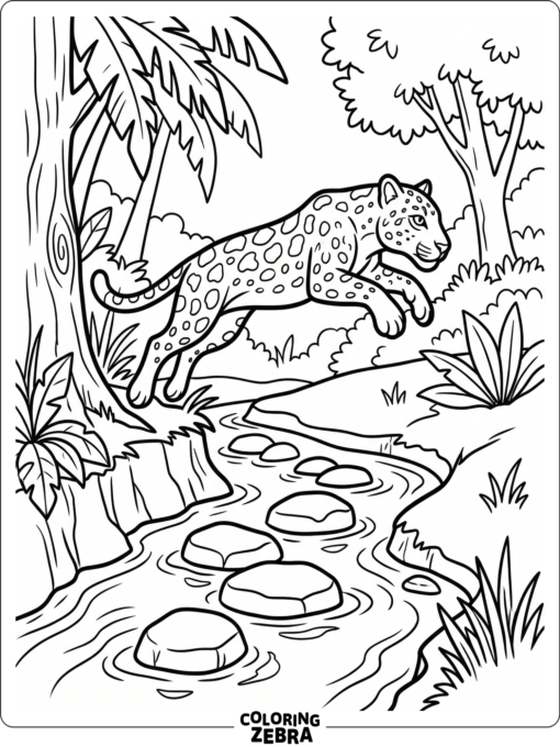 A jaguar leaping over a stream