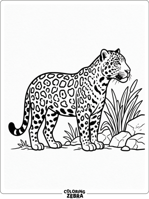 A jaguar standing near grass and rocks
