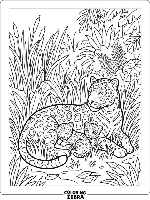 A jaguar family resting in tall grass