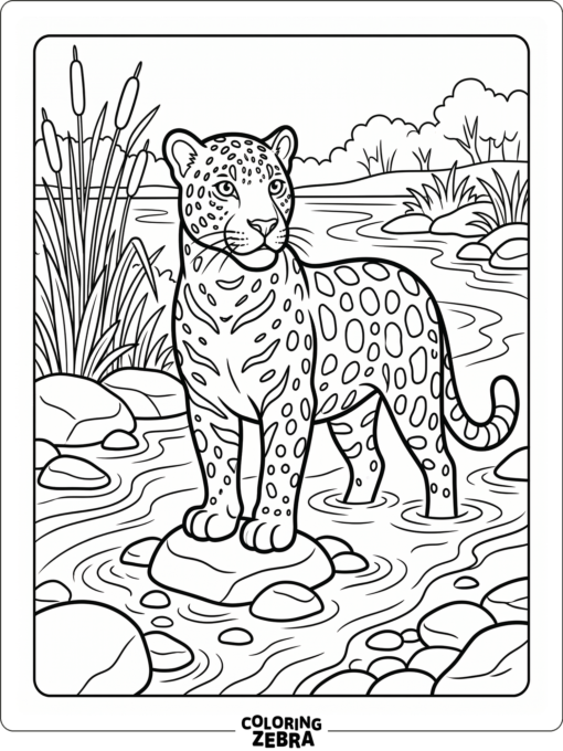 A jaguar standing in a shallow river