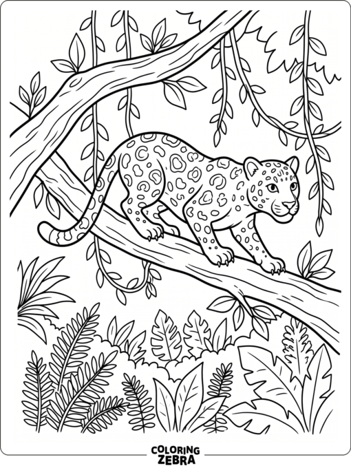 A jaguar resting on a branch in the jungle