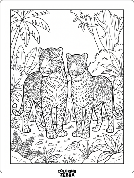 A jaguar and leopard standing together in a jungle clearing