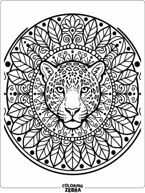 A jaguar face framed by a mandala
