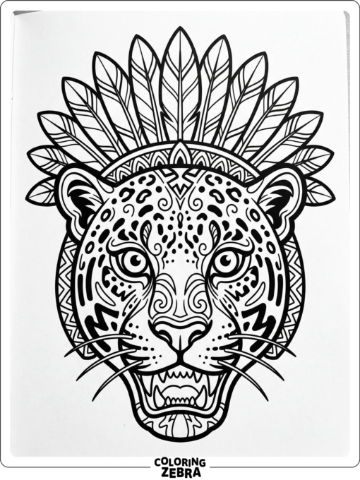 A jaguar mask with feather details