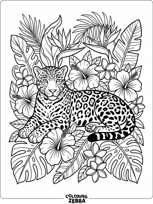 A jaguar resting among tropical flowers