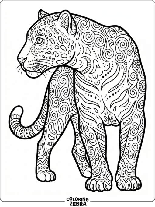 A jaguar filled with zentangle-style patterns