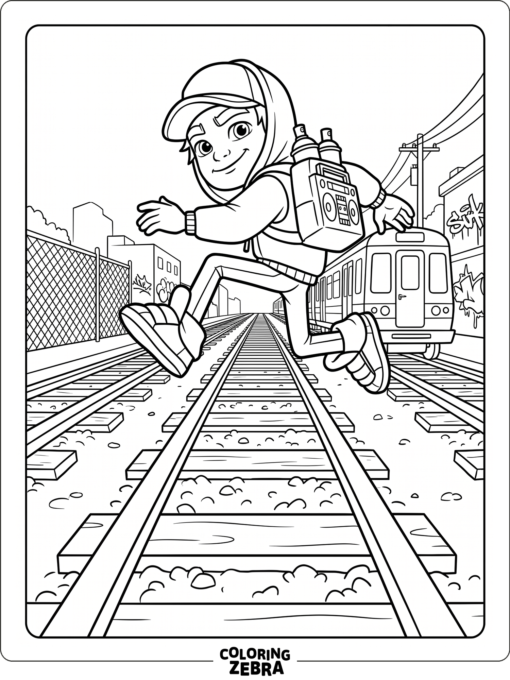Jake from Subway Surfers jumping over tracks