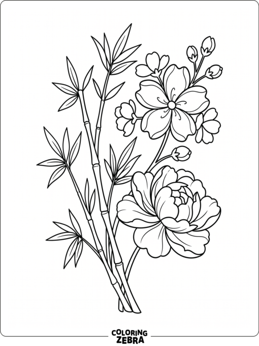 Elegant Japanese flowers with bamboo leaves