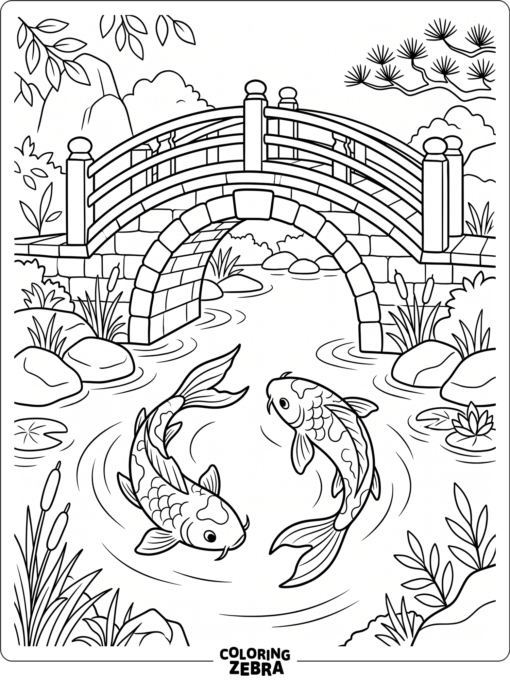 Two koi fish circling under a small stone bridge
